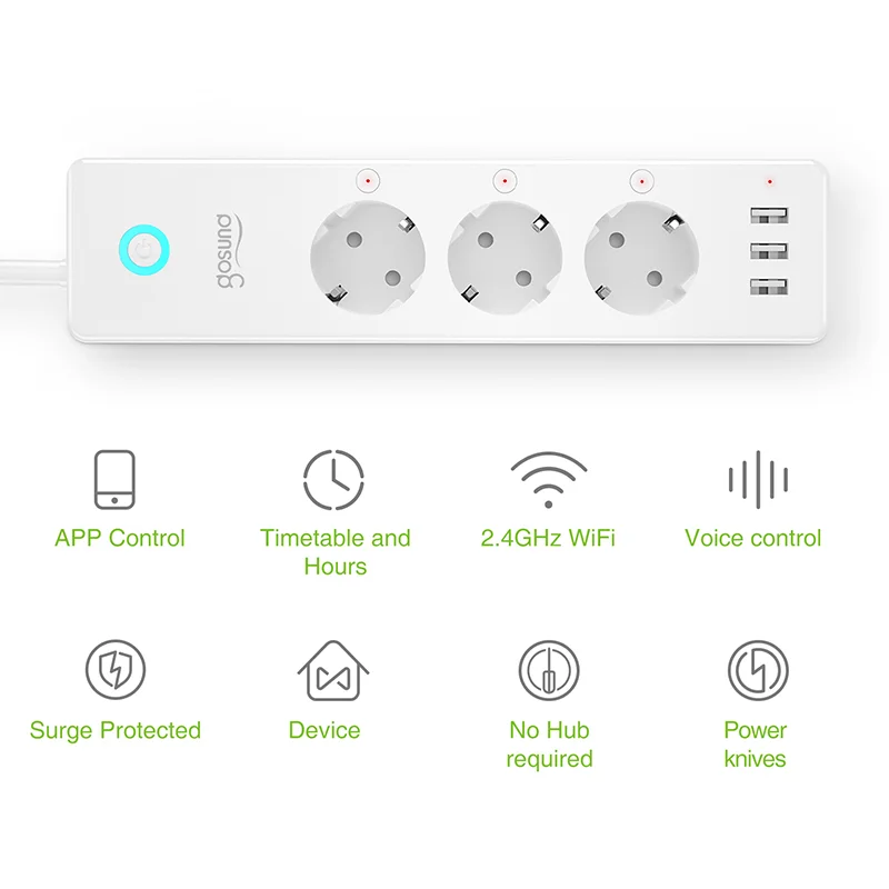 

Gosund 16A Smart Power Strip With 3 USB Ports Independent Switch Multi-Plug With Alexa And Google Home APP Voice Control
