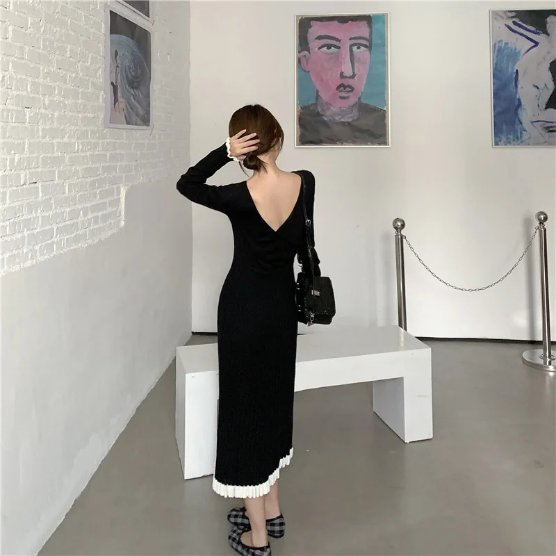 Женское трикотажное платье с V-образным вырезом длинным рукавом и открытой