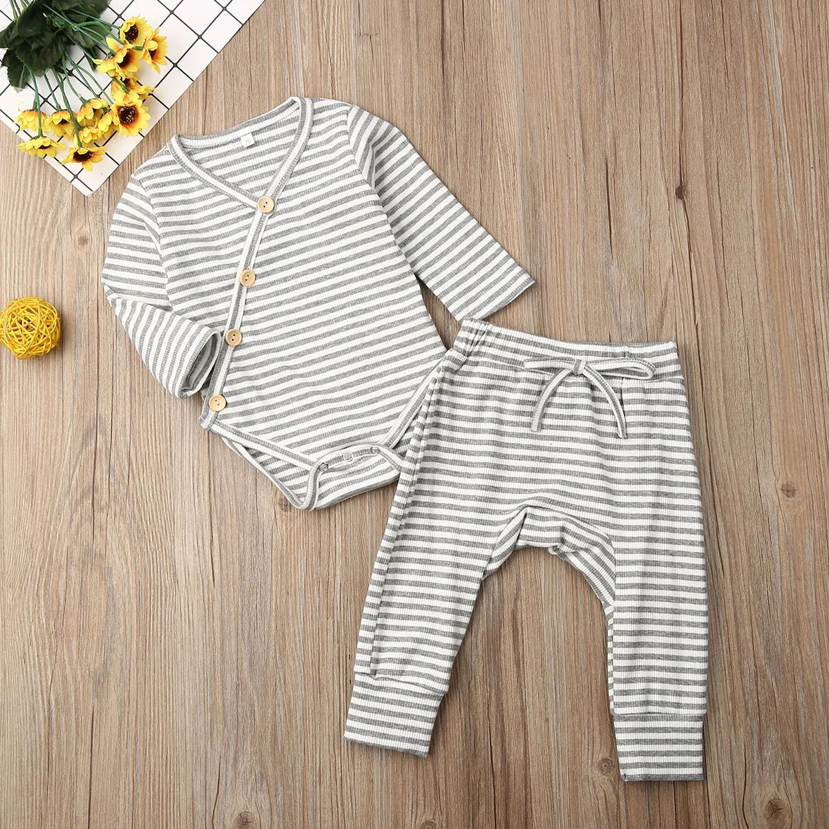 2Pcs Newborn Baby Girl Boy Cute Striped Buttons Knitted Long Sleeve Romper Playsuit Top Pants Trouser Outfit Clothes Set | Детская