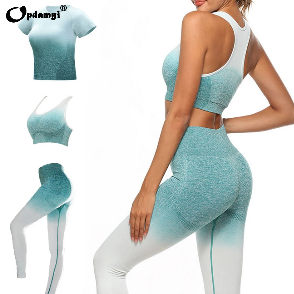 Женский спортивный костюм для йоги Омбре бесшовные леггинсы + короткий рукав