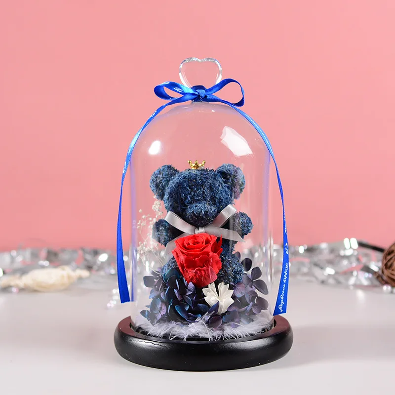 

18cm Preserved Flowers Valentine Birthday Wedding Halloween Home Decoration Glass Covered High Quality Lovely Bear Rose Giftbox