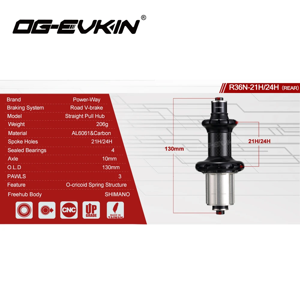 OG-EVKIN, супер светильник, прямая тяга, Powerway R36, карбоновые, для шоссейного велосипеда, передние, 18H 20 H, задние, 21 H, 24 Отверстия, Аксессуары для велосипеда