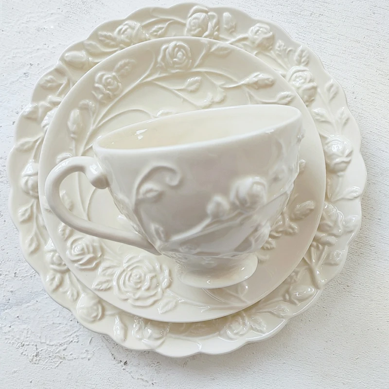 

220Ml Ins British Retro Coffee Set Ceramic Embossed Rose Pattern Cup And Saucer Dessert Plate Afternoon Teacup
