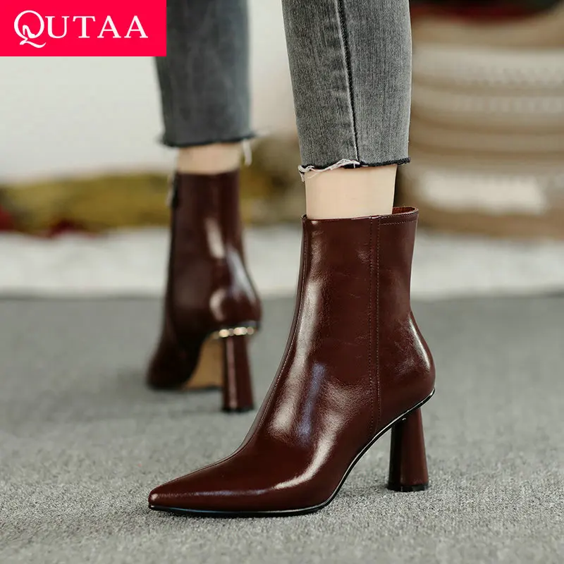 

QUTAA 2022 Genuine Leather High Heel Shoes Winter Fashion Zipper Women Ankle Boots Sexy Pointed Toe Winter Boot Size 34-39