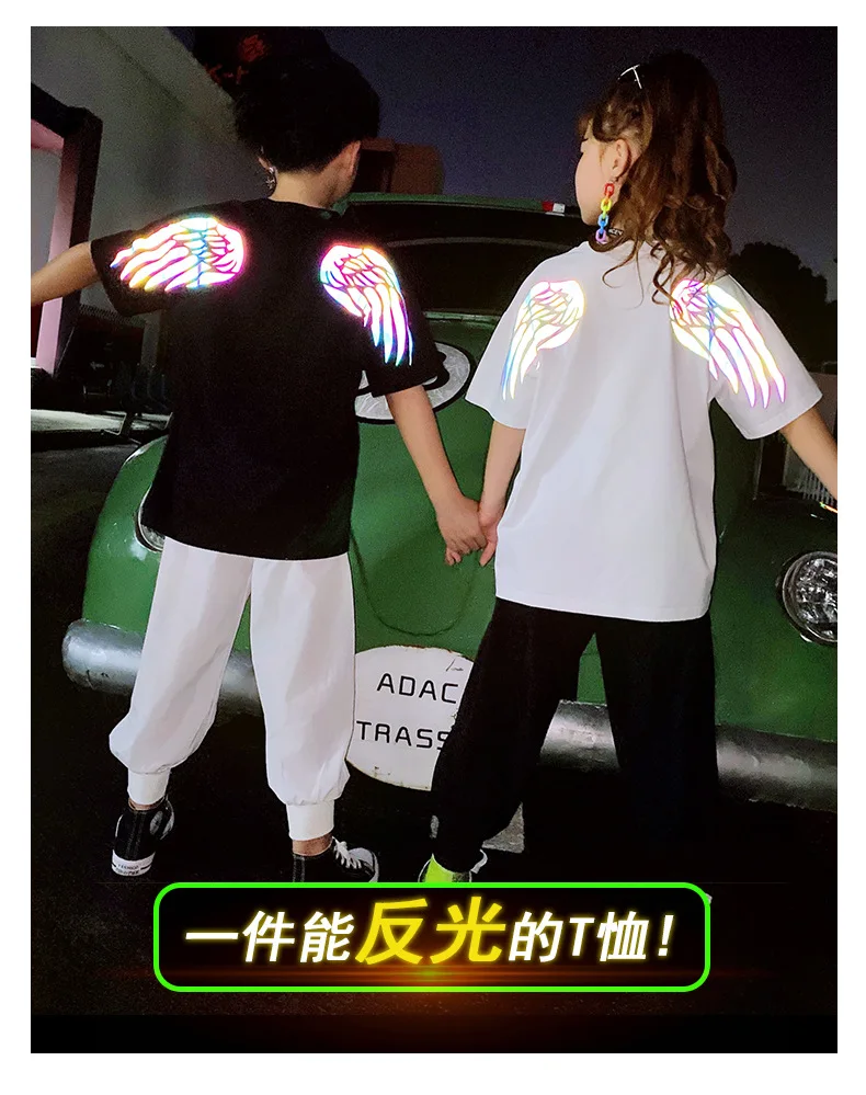 

Clothes for Teenagers Summer Girls' Wings Luminescent T-shirt Short-Sleeved Boys' Hip-hop Glowing letter trousers Sportswear