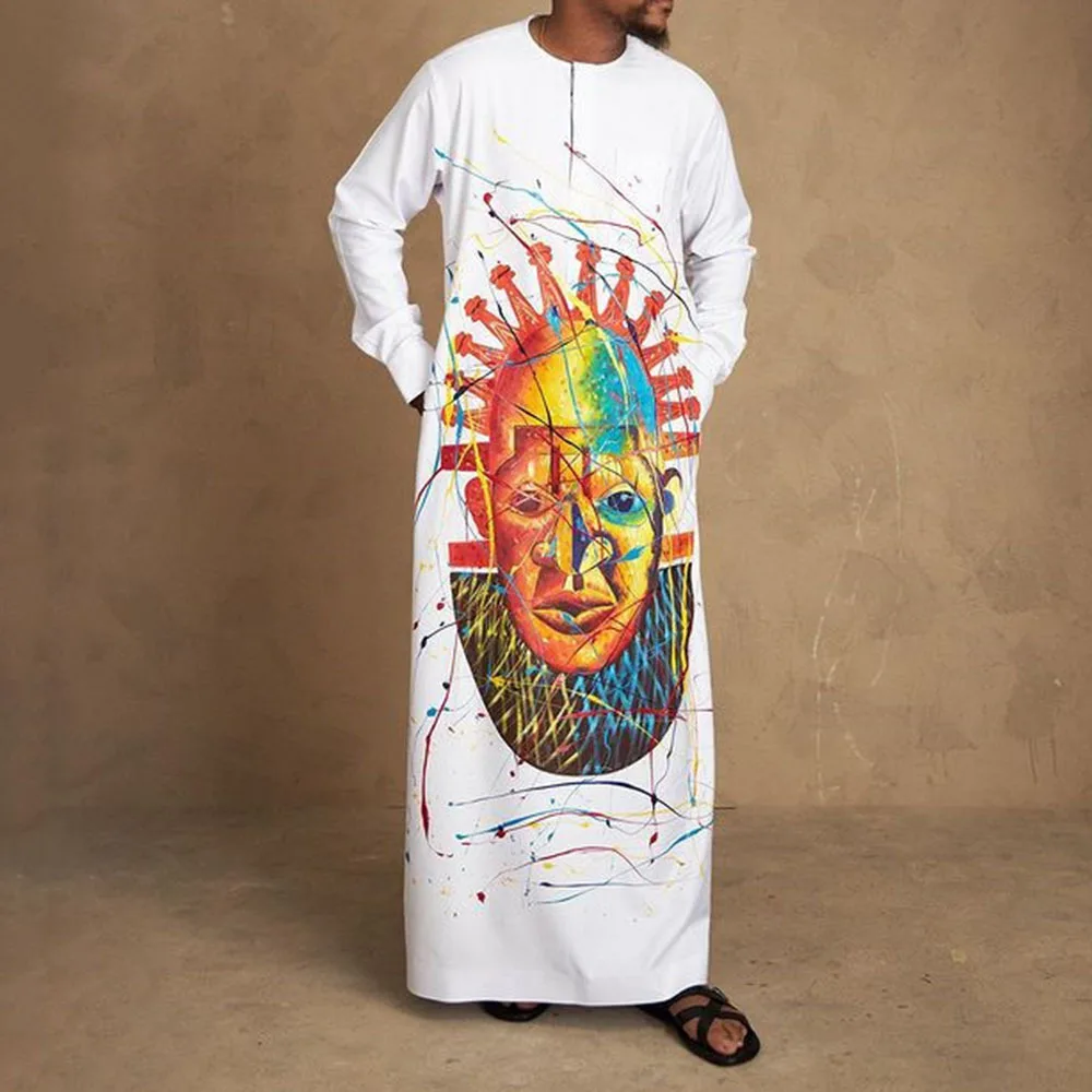 Men's Clothing Islam Abaya White Muslim Dresses Long Sleeve 2022 Round Neck Printed Casual Fashion Slim Male Dress 2022 Spring