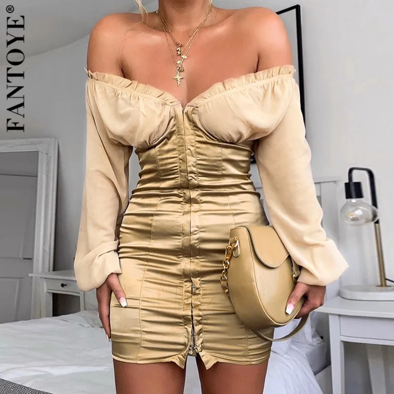 FANTOYE элегантное платье с открытыми плечами атласное из кусков вечерние Для