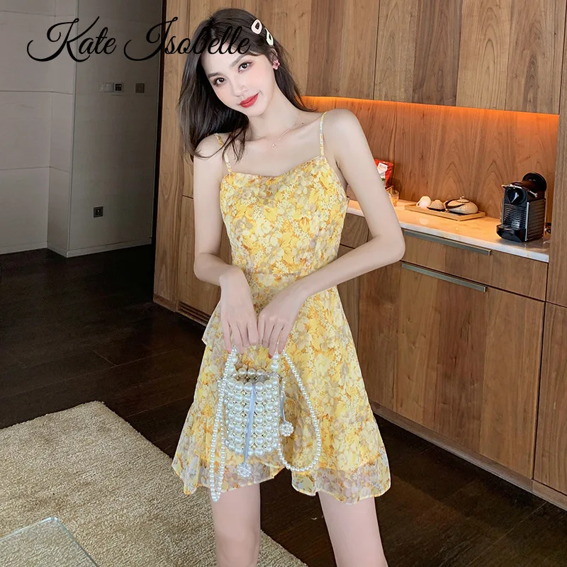 

Woman Summer Short Evening Dress Casual Cocktail Yellow Halter Dress