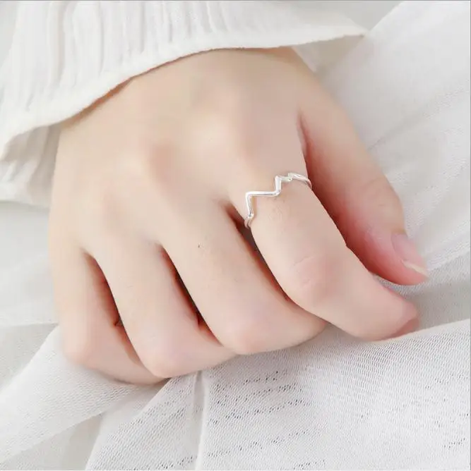 

POFUNUO Elegant 925 Sterling Silver Rings Creative Electrocardiogram Design Open Rings Resizable Lovers Gift Ring Fine Jewelry