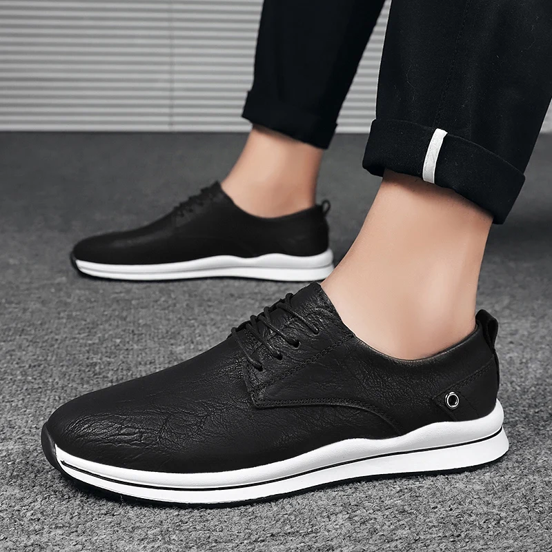 

Genuine Leather men shoes Men Sneakers Fashion Lace-up Casual Outdoor Comfortable Flat Breathable Rubber Spring/Autumn shoes men