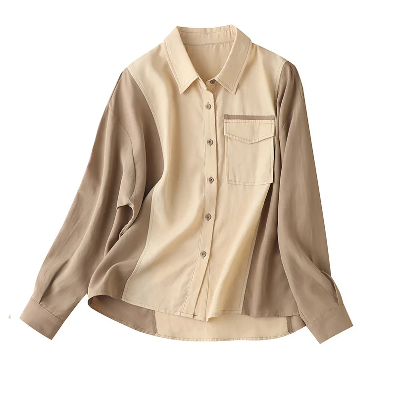 

SHUCHAN Tencel/Lyocell Linen Shirt Women Safari Style Pockets Women’s Tops Patchwork Camisa Branca Feminina Long Sleeve