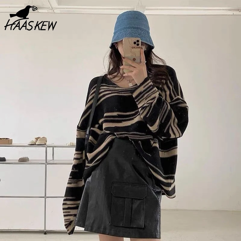 

LMQ NEW Women Punk Gothic Striped Long Sleeve Loose Patchwork Sweater Hip Hop Retro Oversize Pullover Casual Knitted Jumpers