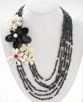 New Handmade Flower Necklace 6 Row 25'' Black Baroque Pearls Faceted Crystal Agate Shell Flower Design Necklace Fashion Jewelry