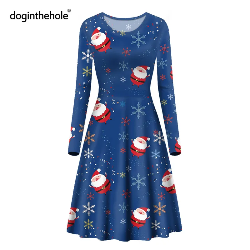 

Girls Christmas Midi Flared Dress Women Elegant A-line Big Swing Party Dress Xmas Santa Printed Casual Festival Outdoor Clothes