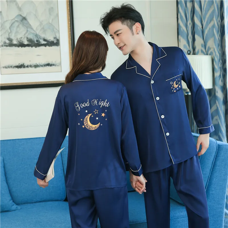 CAIYIER Moon Print Couple Silk Satin Pajamas Set Long Sleeve Trousers Sleepwear Men & Women Winter Luxury Nightwear Home Clothes
