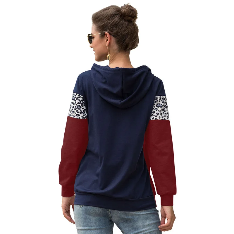 

Hot Selling Autumn Leopard Splicing Hooded Drawstring Tops Women Hoody Fashion Pullovers Hoodies Sweatshirt Women Clothes