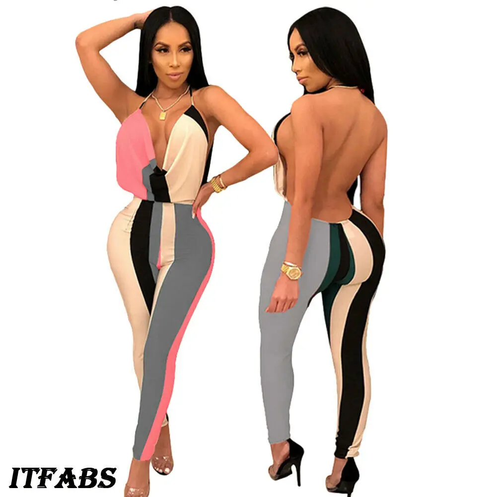 

Women Retro Color Blocking Striped Jumpsuits Summer Halter V Neck Backless Jumpsuits Sexy Lady Sexy Clubwear Slim Party Leotard