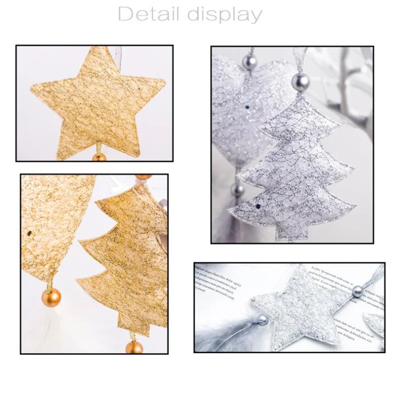 3pcs Christmas Decorations for Home Gold Silver Star Heart Christmas Tree Feather Pendant Xmas Ornaments New Year Decorations