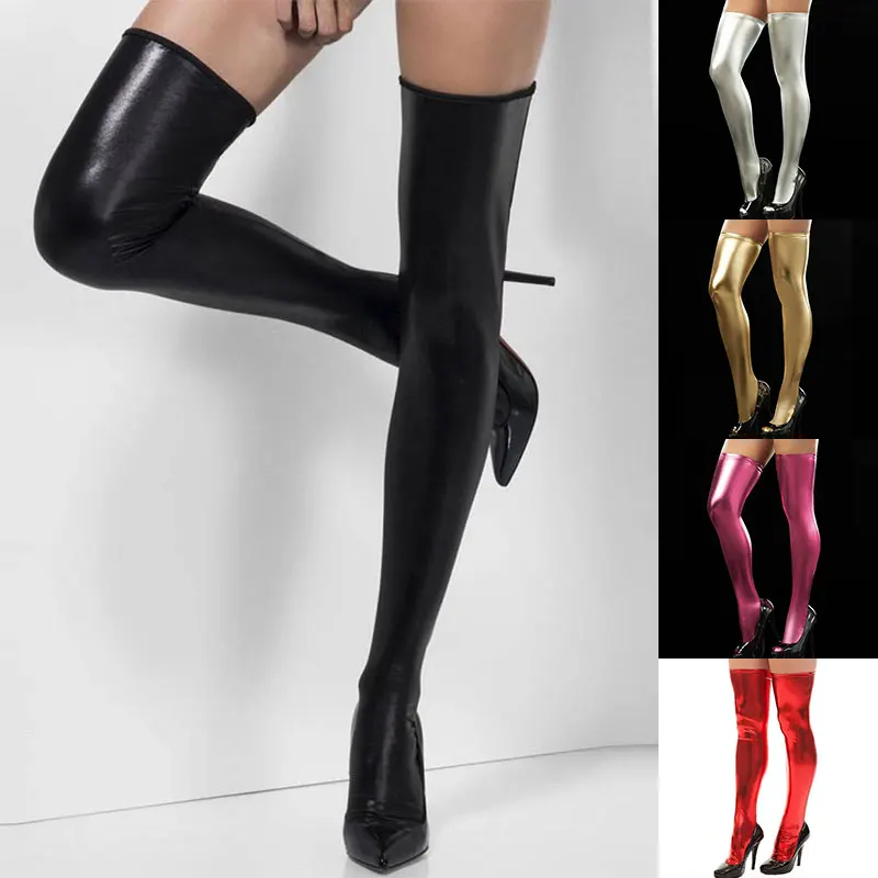 

Hot Sale Sexy Women PU Leather Stockings Thigh High Socks Black Red Gold Sexy Stockings Over Knee Socks Long Boot Stockings New