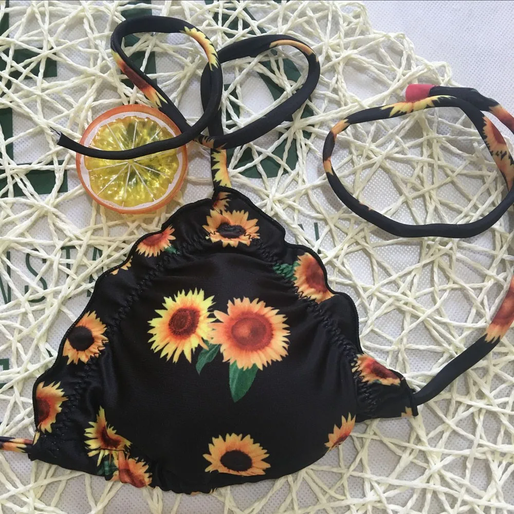

Summer Women Swimsuit 2021 Bikini Sexy Set Sunflower Print Tankini Brazilian Swimwear Ropa Top Stroje Kapielowe Damskie Biquini