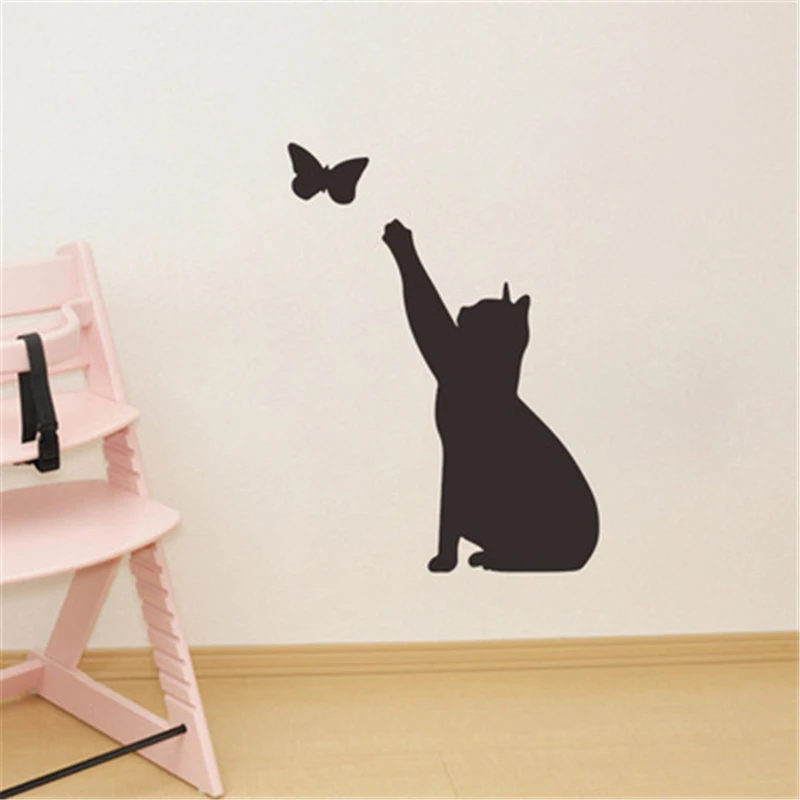 Creative Black Naughty Kitten Butterflies Wall Stickers For Kids Rooms Bedroom Stairs Home Decor Wallpaper Cute Cats Art Mural