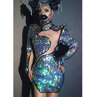 sparkly sequined perspective gauze dress women stretch tight asymmetrical singer costumes ds dancer gogo stage wear outfit