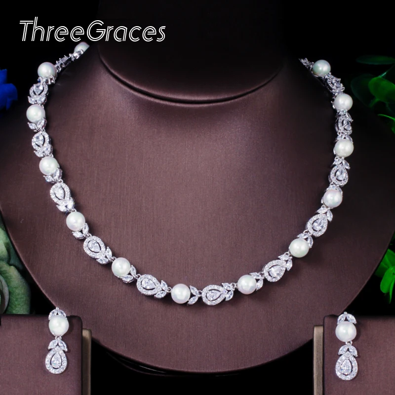 ThreeGraces элегантный белый CZ камень Свадебные невесты большой чокер жемчужное