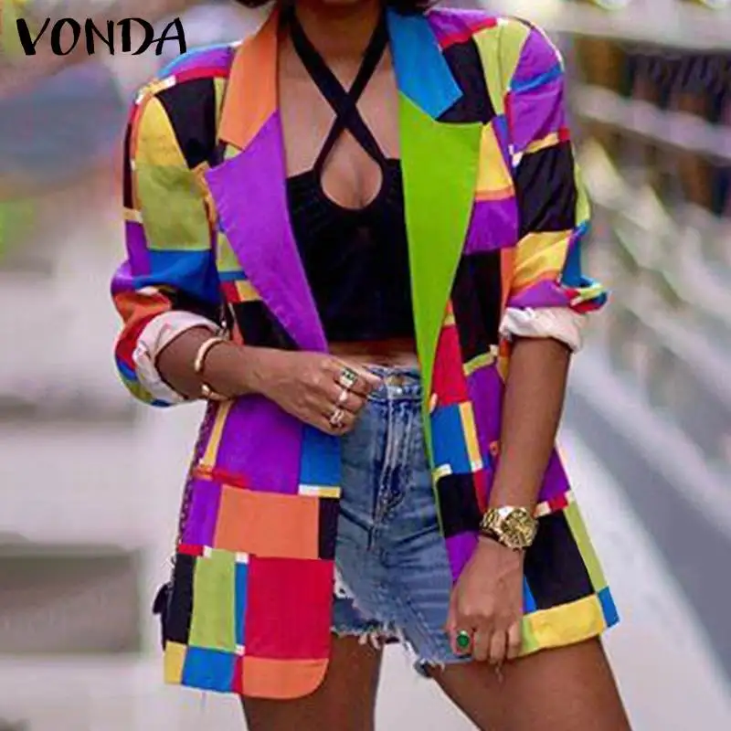 

Женский элегантный Блейзер VONDA 2021, винтажные цветные пальто в стиле пэчворк, женские деловые пальто, верхняя одежда, женская верхняя одежда