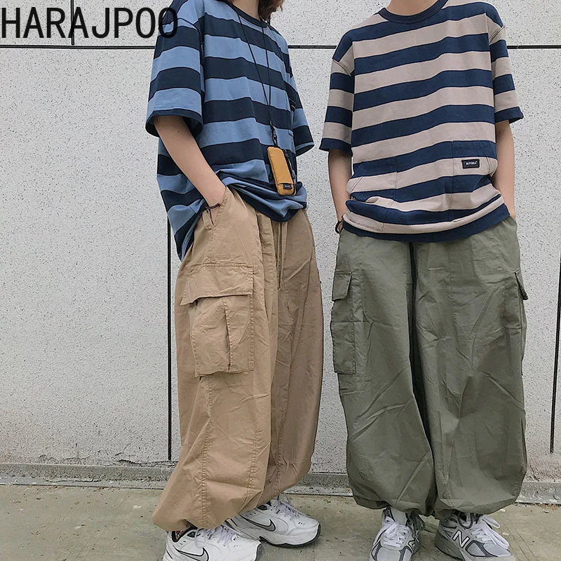 

Harajpoo Women Pants Drawstring Wide Leg Summer New Korean INS Harajuku Style Hip Hop Big Pocket Lovers Loose Casual Overalls