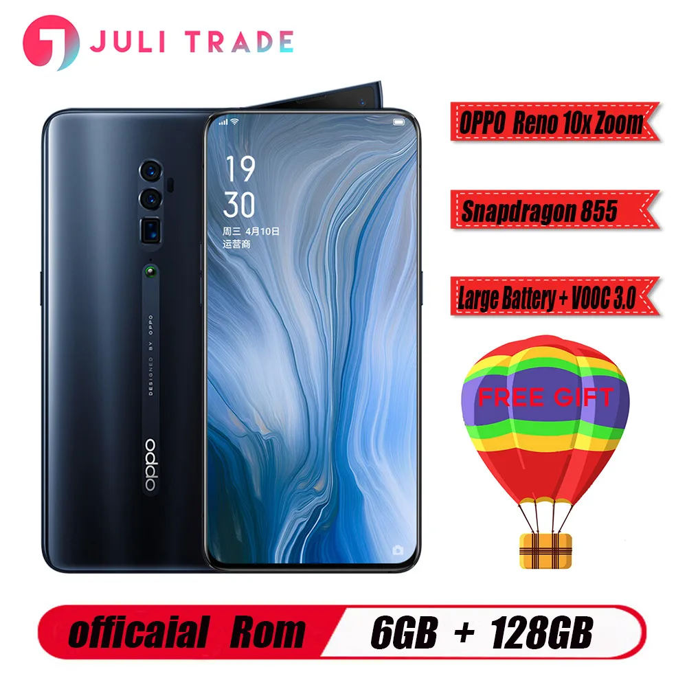 Oppo Reno 10x zoom мобильный телефон 6," полный экран Поддержка NFC Snapdragon 855 Восьмиядерный 6 ГБ ОЗУ 128 Гб ПЗУ 4065 мАч отпечаток пальца ID