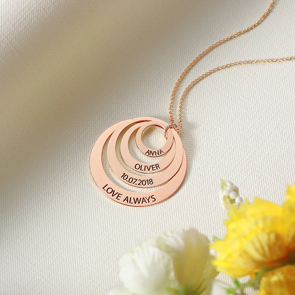 4 circles rose gold Sweey Прямая поставка на заказ с гравировкой семьи сложенный круг ожерелье семейное ожерелье Выгравированный подарок матери для Ebay/Amazon/Etsy - Окраска металла: 4 circles rose gold