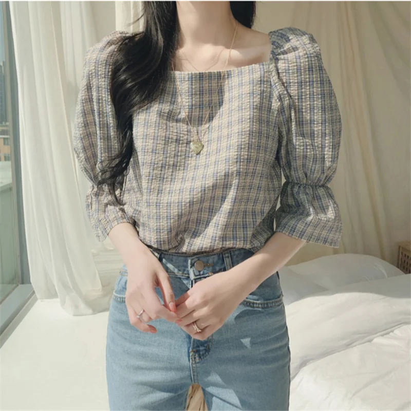 

square collar new plaid shirt Summer femme Casual Women short sleeve Linen Cotton Girls Blouse Plus Size Women Blouses Top femme