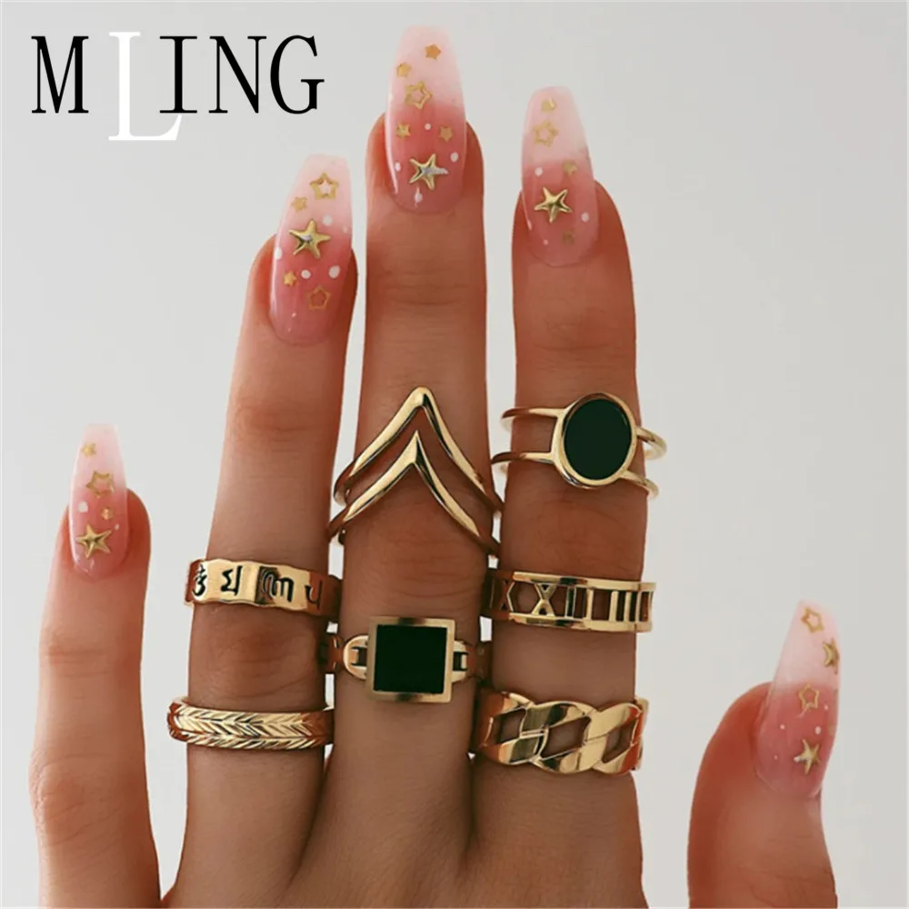 MLING 7 шт./компл. винтажный набор колец из Золотого Сплава простые черные