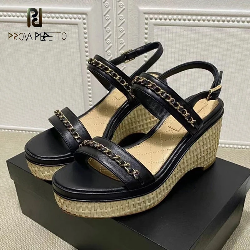 

Leather elegant and sweet metal chain Roman style high heel sandals 2021 summer new fashion straw woven wedge beach high heels