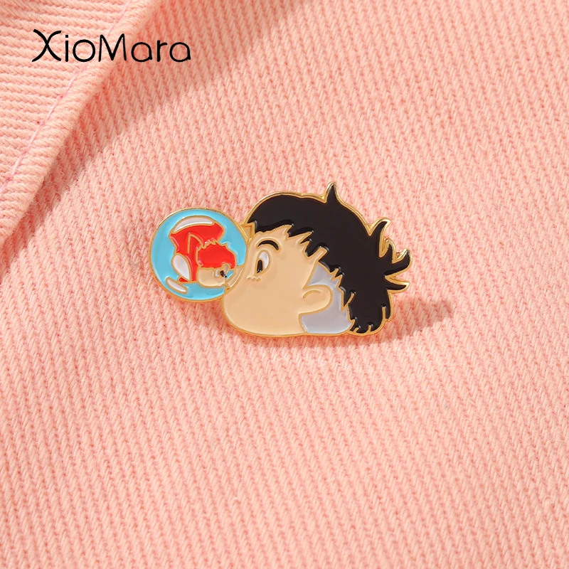 

Cute Girl Kiss Enamel Pin Cartoon Ponyo Sosu Badge Metal Brooch On Clothes Backpack Lapel pin Anime Movie Character Jewelry Gift