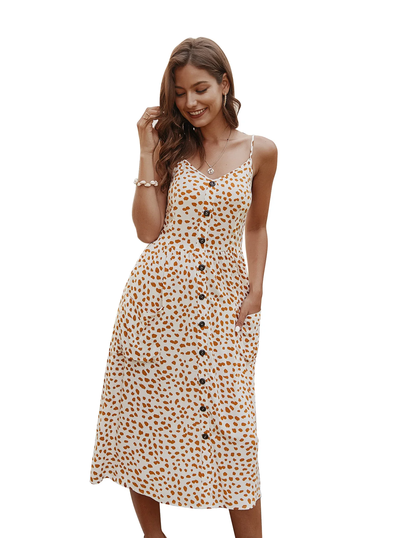 

Sexy V-neck Single-breasted Sling Print Women's Dress Cotton Casual Loose Small Floral Large Size Beach Cotton Summer Dress