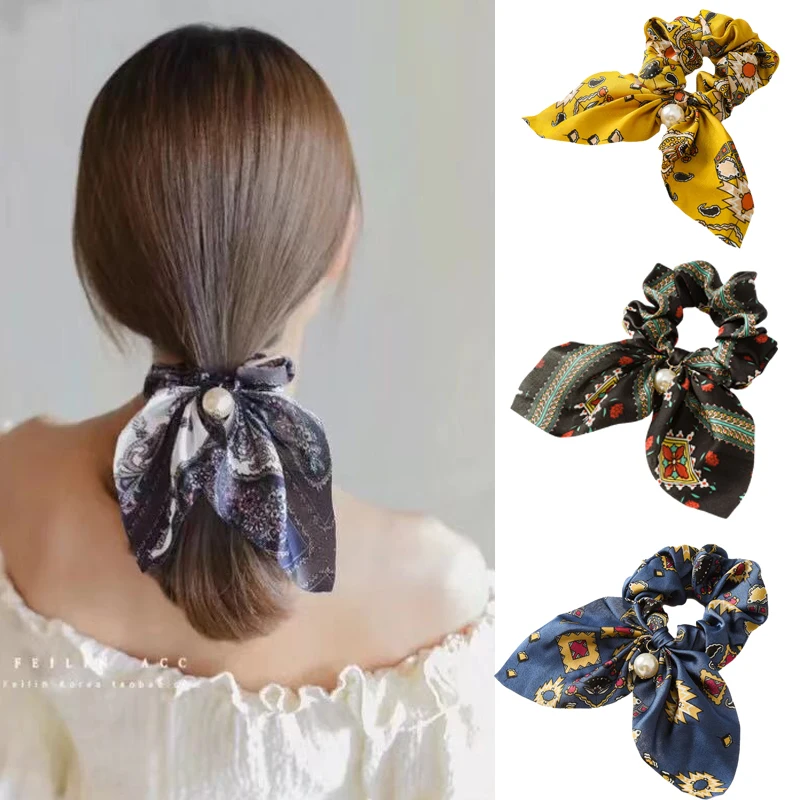 

Printing Hairband for Women Satin Headdress Pearl Scrunchies Elastic Ponytail Hair Band Retro Hair Accessories Bow Hair Ties