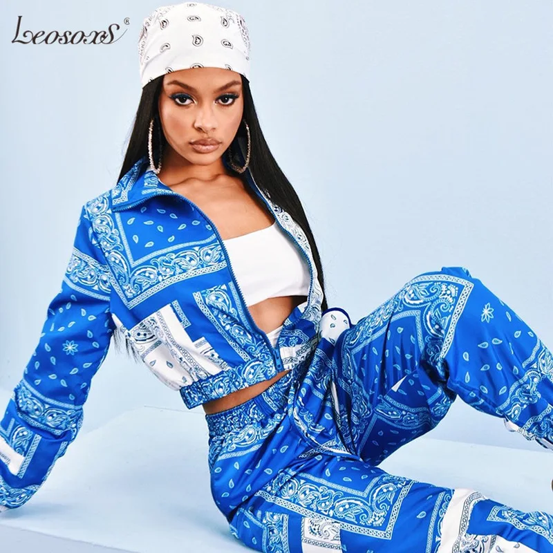

Women Vintage Print Two Piece Set Fashion Zipper Up Long Sleeve Sweatshirt And Jogger Pants Set Female Tracksuit Streetwear Blue