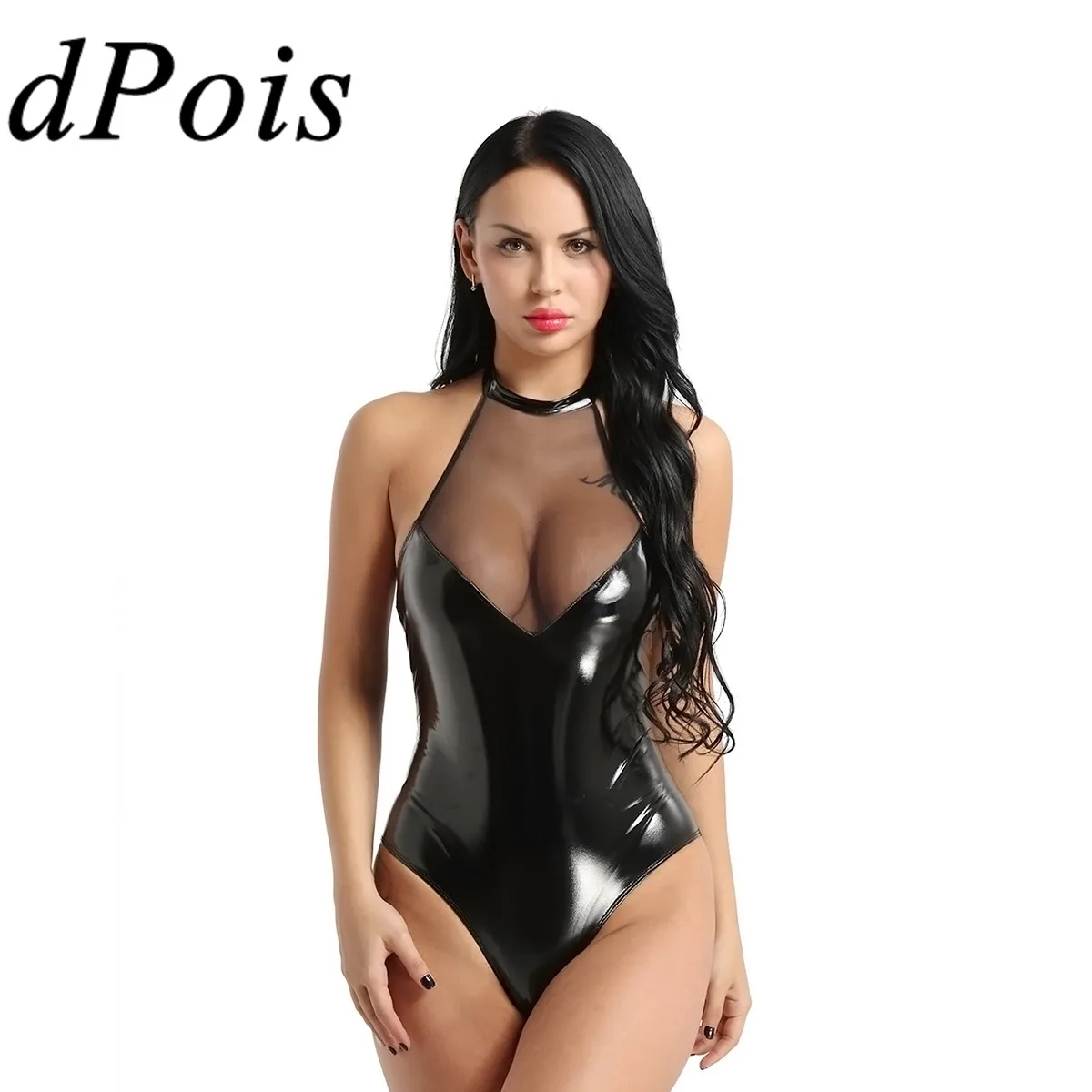 DPOIS женское трико боди Блестящий яркий латексный костюм для взрослых кожаное