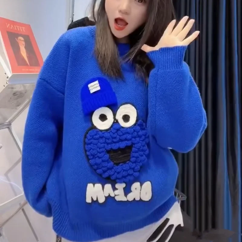 

S-2XL Klein Blue Pullover Woman's Sweater Loose Long Sleeve Big Eyes Sweater Autumn and Winter New Loose Slimming Mid-Length Top