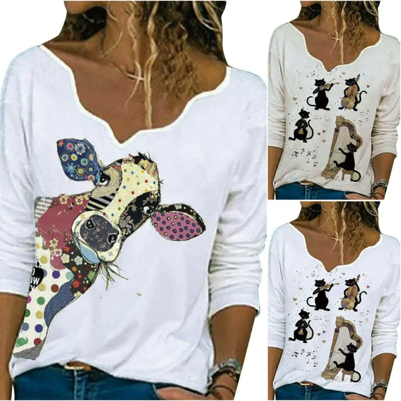 

Women Long Sleeve V Neck T Shirt Animal Print Blouse Loose Tunic Tops Plus Size