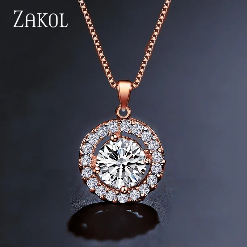 ZAKOL модный белый цвет микро Круглый AAA + фианит сердце кулон ожерелье для женщин CZ
