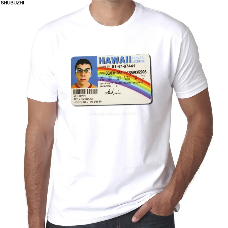 Mclovin id card superbad geek Мужская хлопковая футболка Мужская модная хлопковая Футболка белая мужская футболка брендовые Топы sbz4459