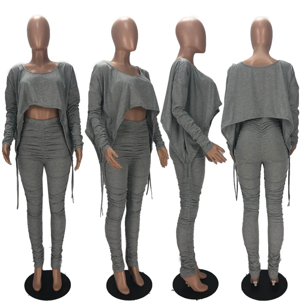 

Drawstring Ruched Long Sleeves O-Neck Pullover Crop Tops & Pleated Stcaked Leggings Pants Autumn Women Suit Casual Two Piece Set