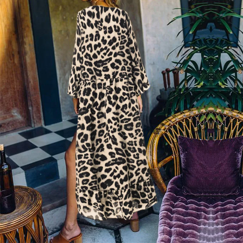 Сарафан размера плюс, женское длинное платье макси с леопардовым принтом, Женские Повседневные Вечерние платья с v-образным вырезом и длинным рукавом, сексуальные платья с разрезом
