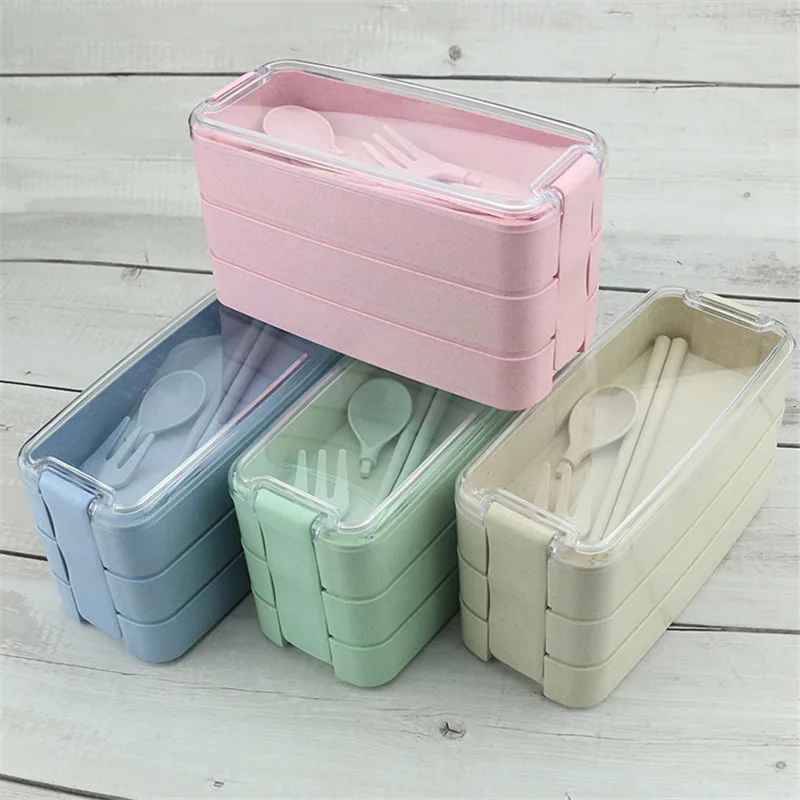 

900ml 3 Layer Plastic Lunch Box Wheat Straw Food Container Microwavable Dinnerware Lunchbox With Spoon And Chopsticks