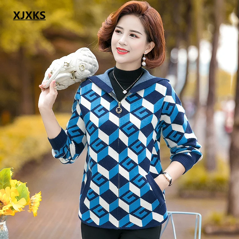 

XJXKS, новинка сезона осень-зима 2022, модное женское пальто с капюшоном, свободный высококачественный кашемировый вязаный кардиган, женские куртки