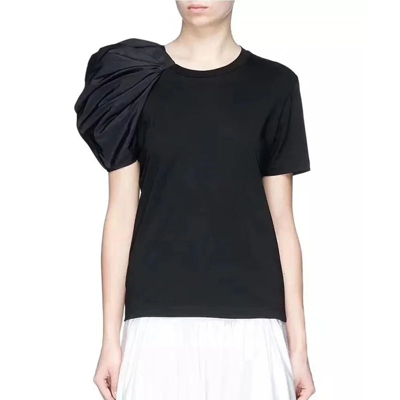 

Patchwork Tops Asymmetrical Women's T-shirts Puff Short Sleeve O Neck Female Summer Casual Fashion Clothes