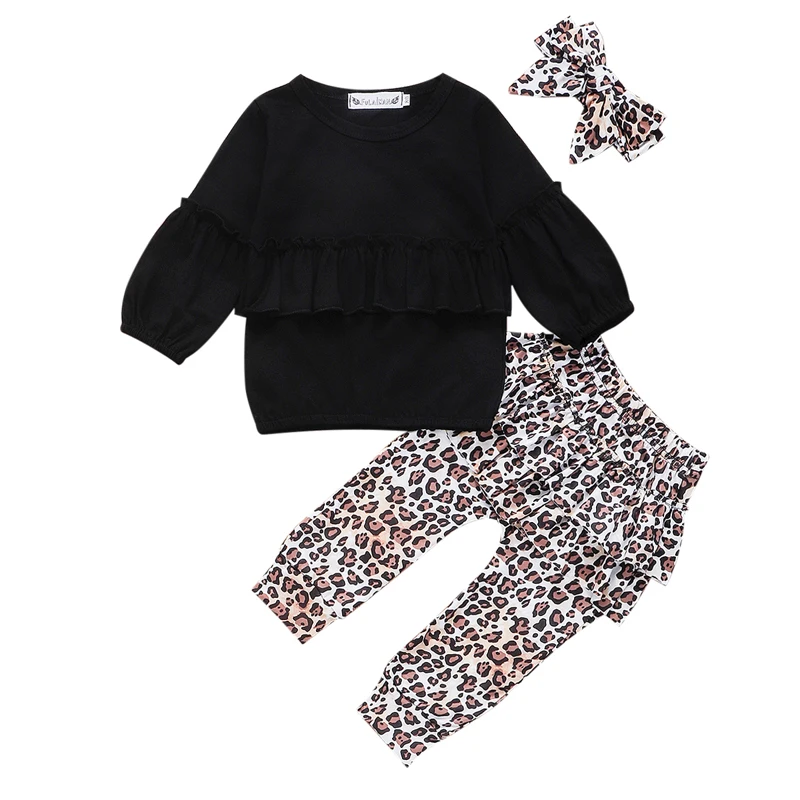 

2019 New Brand 6M-3T 3PCS Newborn Kid Baby Girl Clothes Ruffle Tops Sweatershirt+Long Leopard Ruffle Pants+Headband Outfits