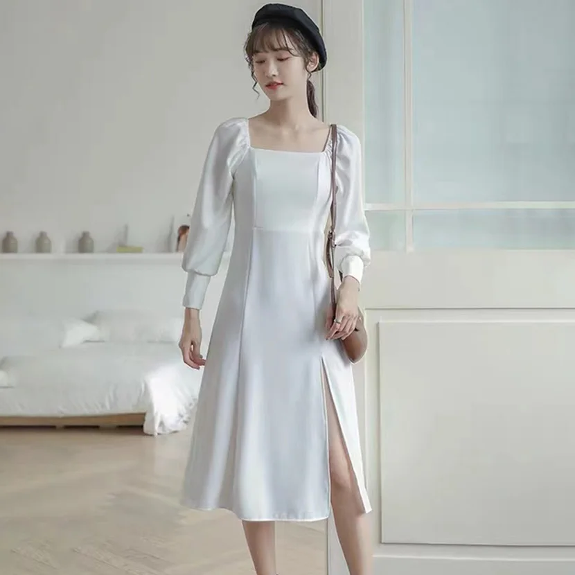 Женское платье до середины икры с длинным рукавом и квадратным вырезом|Женские